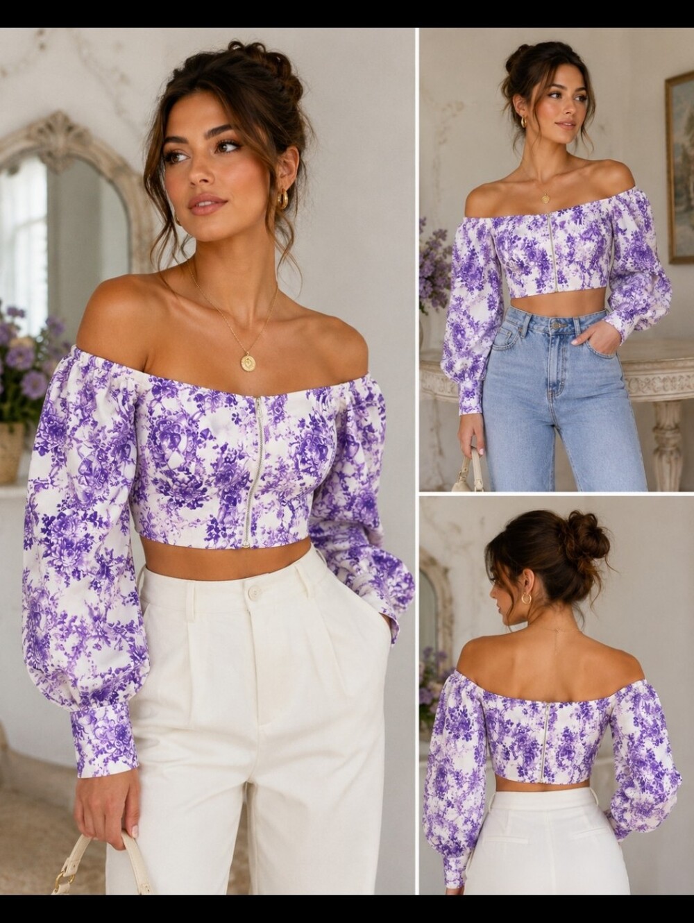 Pretty Little Thing Women's Off-Shoulder Purple Floral Zip Crop Top Size 4